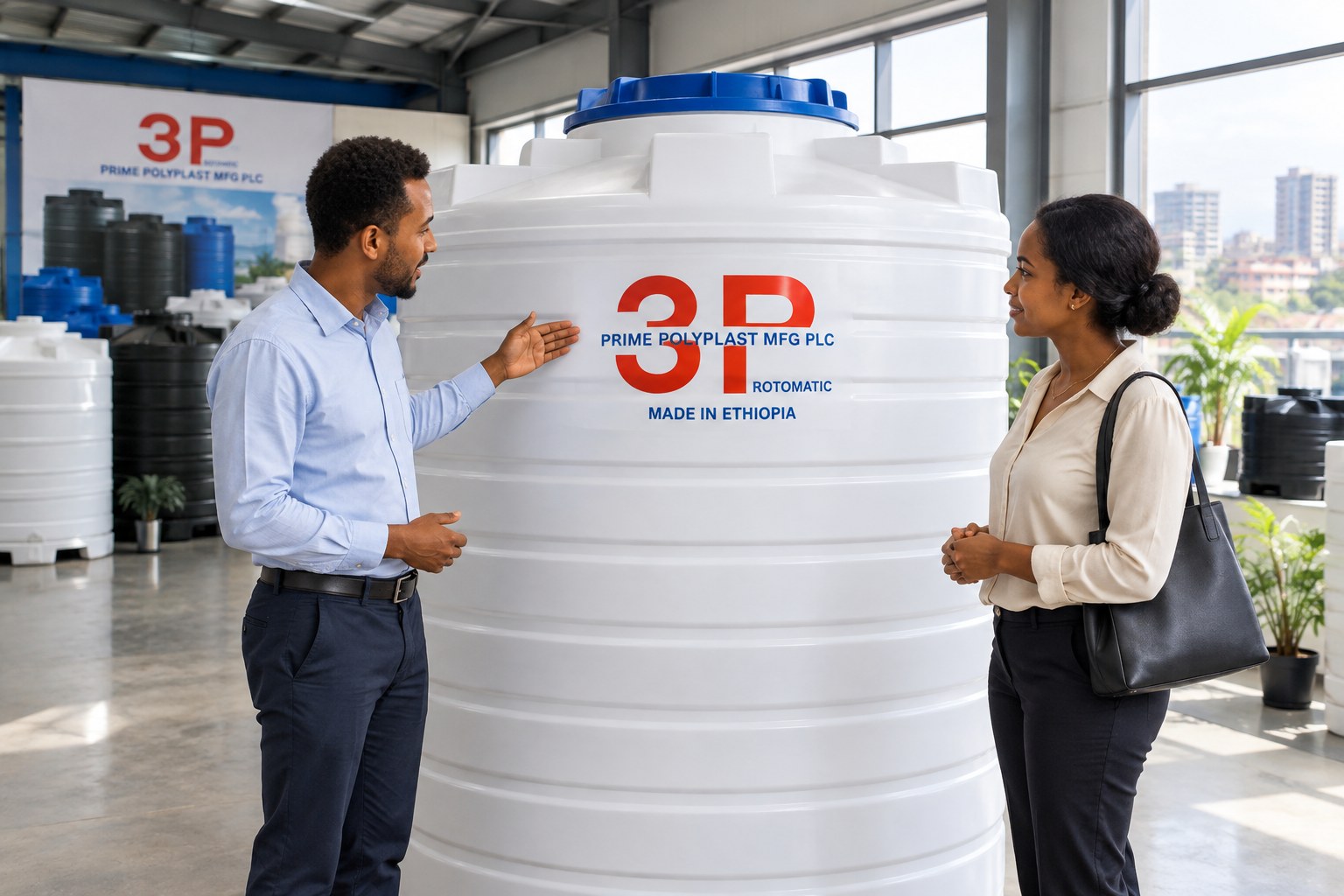 A company representative showing a Prime Polyplast water tank to a customer in a showroom