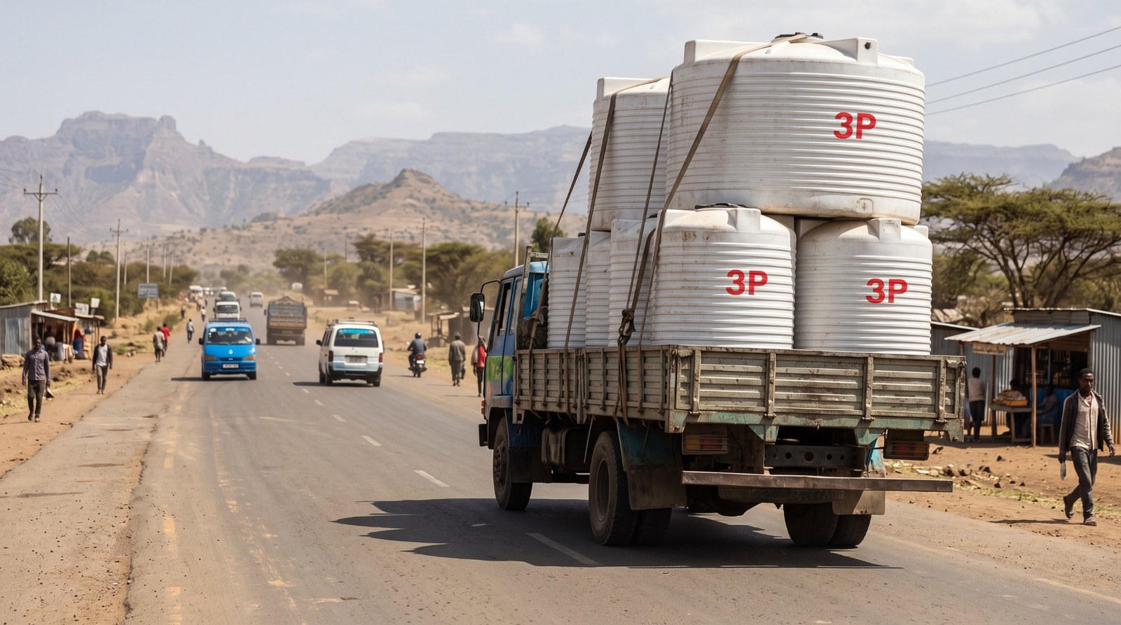 A delivery truck transporting large plastic water tanks along an Ethiopian road, illustrative scene