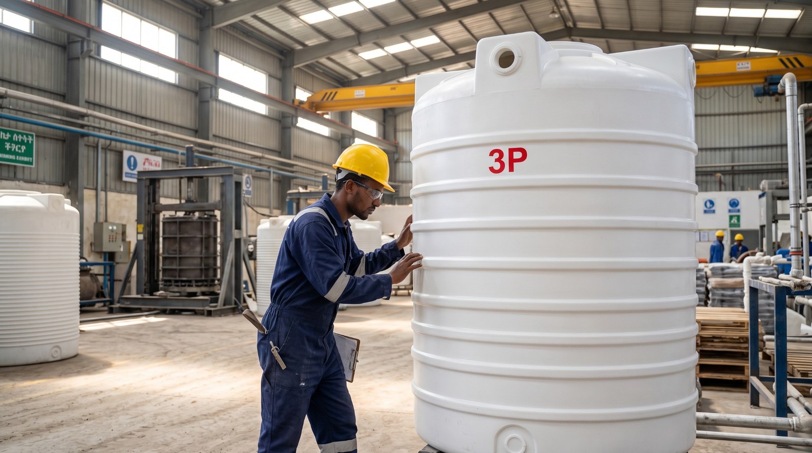 A factory worker checking the surface of a white plastic water tank inside a workshop, illustrative scene