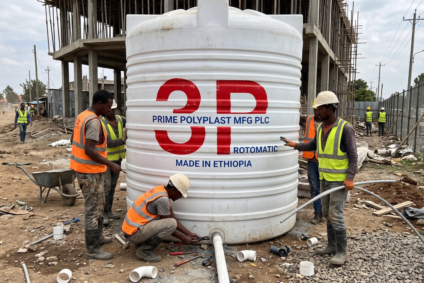 Workers in safety vests handling pipework beside a large water storage tank at a construction site