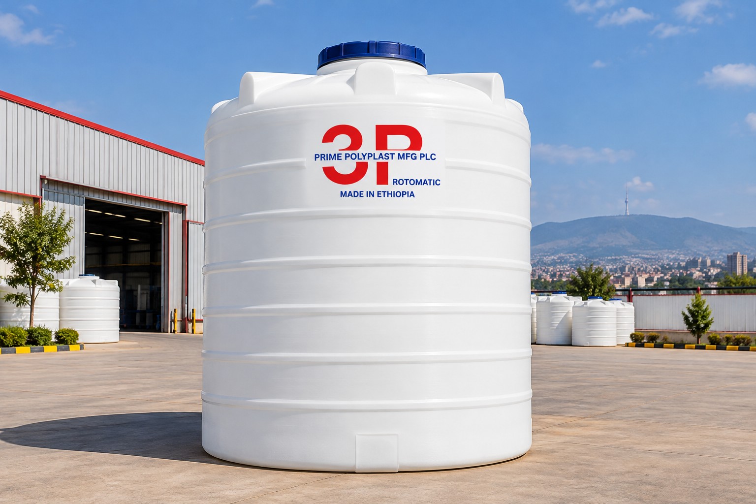 Illustrative branded water tank product visualization